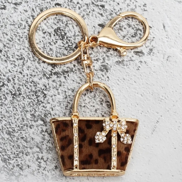 🆕️ Golden Leopard Pattern HandBag Rhinestone Keychain Purse Charm ~ Gift Glam